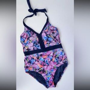 Land’s End Floral Print One Piece Swimsuit Size 14L Navy Blue Purple Halter